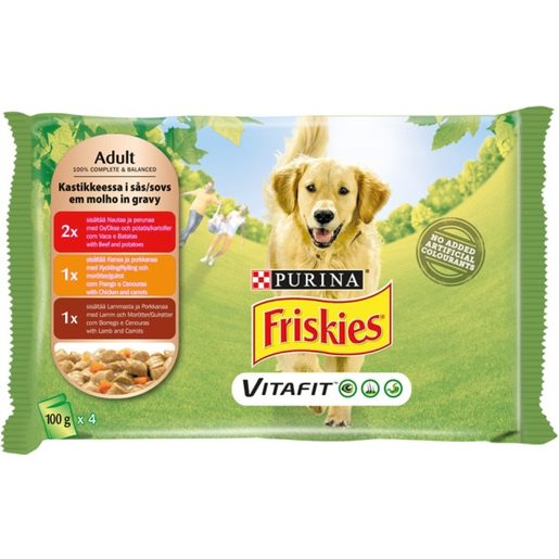 FRISKIES Alimento Húmido para Cão Adulto Pedaços Vaca, Frango Borrego 4x100 g